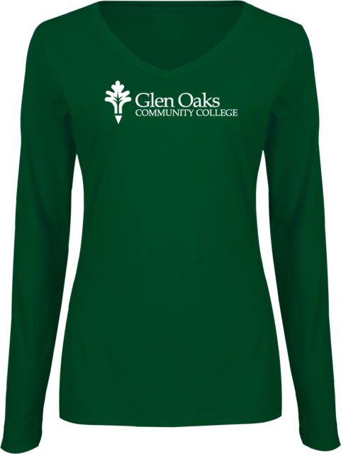 Glen Oaks CC Womens Long Sleeve V Neck Tee  Glen Oaks Community College with Leaf - ONLINE ONLY