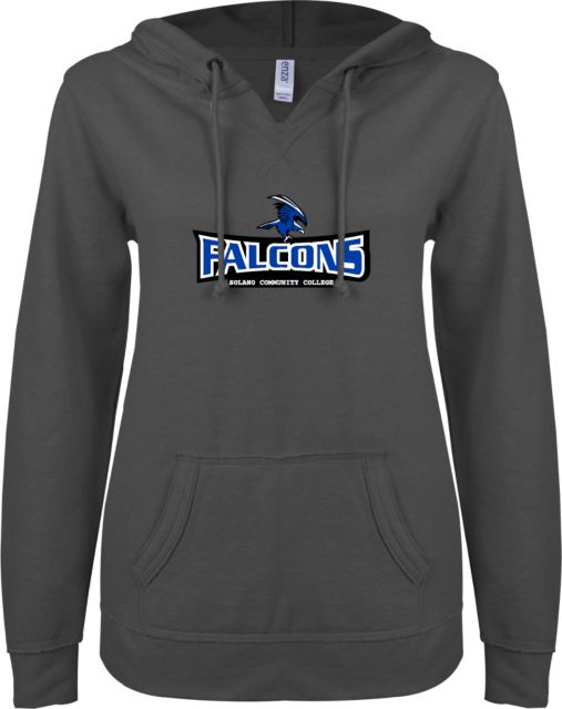 Solano ENZA Womens V Notch Raw Edge Fleece Hoodie Solano Community College Falcon Wordmark - ONLINE ONLY
