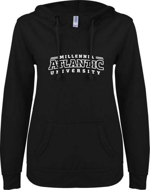 Millennia Atlantic ENZA Ladies V Notch Raw Edge Fleece Hoodie Arched Wordmark - ONLINE ONLY