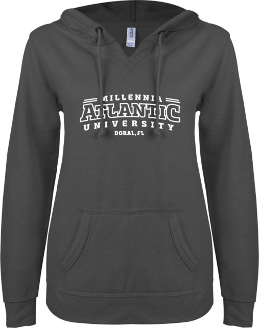 Millennia Atlantic ENZA Ladies V Notch Raw Edge Fleece Hoodie Arched Wordmark Full - ONLINE ONLY