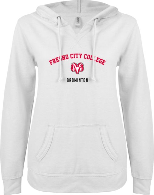 Fresno City College ENZA Ladies V Notch Raw Edge Fleece Hoodie Fresno City College Badminton - ONLINE ONLY