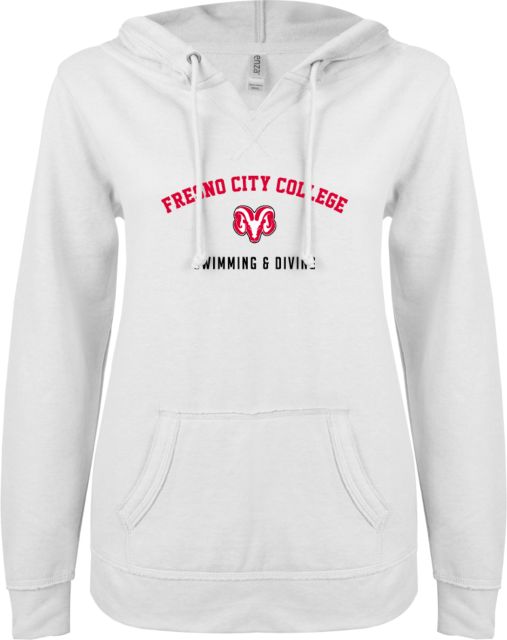 Fresno City College ENZA Ladies V Notch Raw Edge Fleece Hoodie Fresno City College Swimming and Diving - ONLINE ONLY