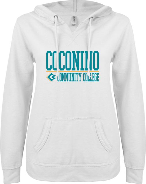 Conconino ENZA Womens V Notch Raw Edge Fleece Hoodie Coconino Community College - Stacked with Emblem - ONLINE ONLY