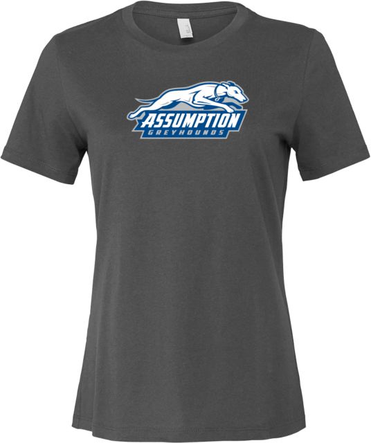 Assumption Bella + Canvas Womens Asphalt Relaxed Cotton T Shirt Assumption University Greyhound Logo - ONLINE ONLY