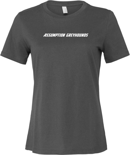 Assumption Bella + Canvas Womens Asphalt Relaxed Cotton T Shirt Assumption University Greyhounds Flat Wordmark - ONLINE ONLY