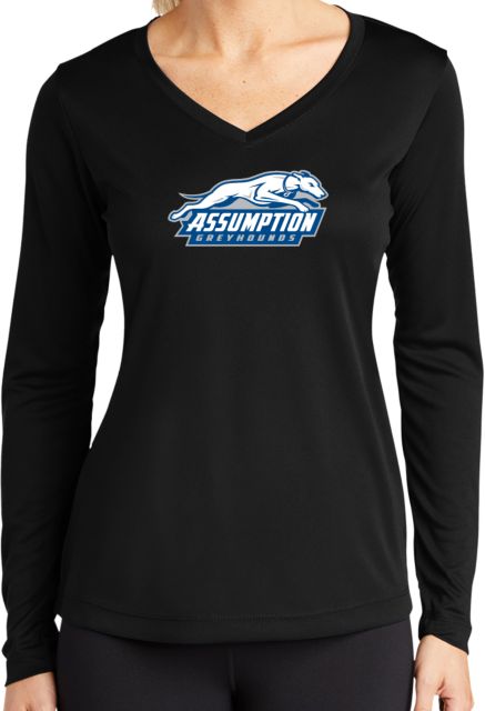 Assumption Womens Performance Long Sleeve V Neck Shirt Assumption University Greyhound Logo - ONLINE ONLY