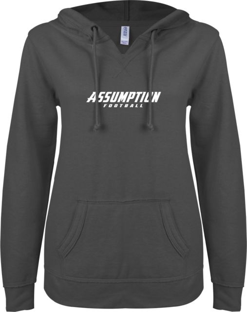 Assumption ENZA Womens V Notch Raw Edge Fleece Hoodie Assumption University Football - ONLINE ONLY