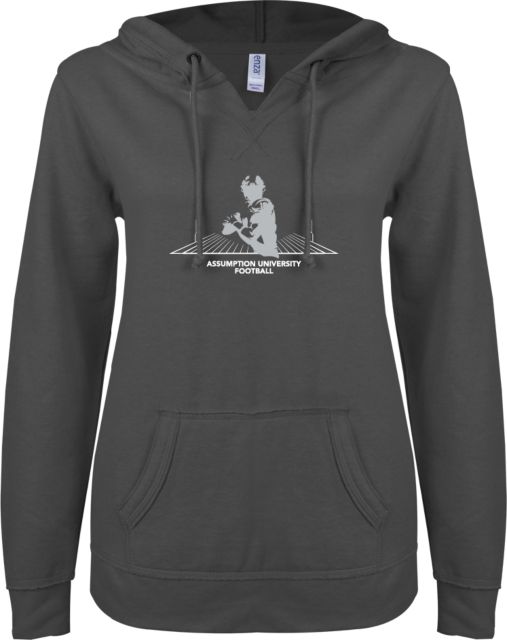 Assumption ENZA Womens V Notch Raw Edge Fleece Hoodie Assumption University Football Graphic - ONLINE ONLY