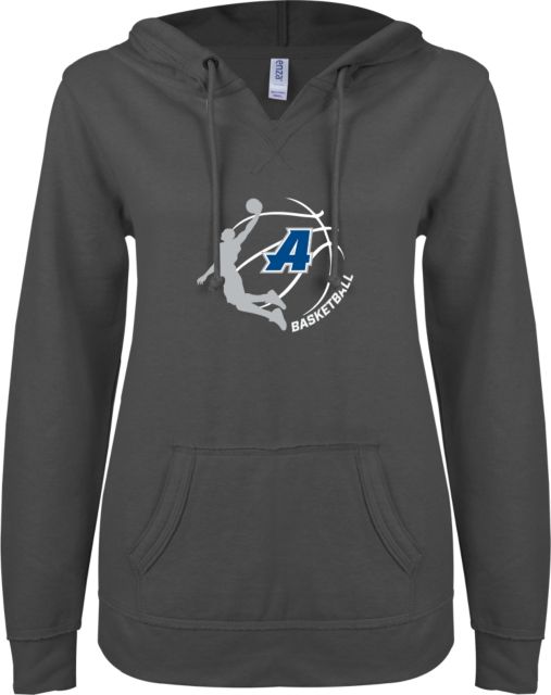 Assumption ENZA Womens V Notch Raw Edge Fleece Hoodie Assumption University Basketball Graphic - ONLINE ONLY