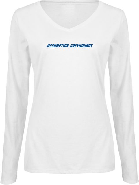 Assumption Womens Long Sleeve V Neck Tee  Assumption University Greyhounds Flat Wordmark - ONLINE ONLY