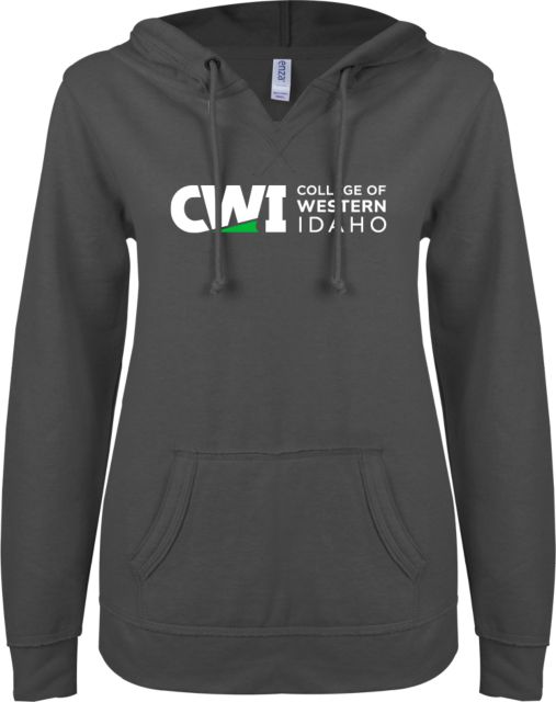 Western Idaho ENZA Womens V Notch Raw Edge Fleece Hoodie CWI College of Western Idaho Horizontal Mark - ONLINE ONLY