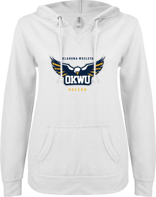 Oklahoma Wesleyan ENZA Ladies V Notch Raw Edge Fleece Hoodie Soccer - ONLINE ONLY