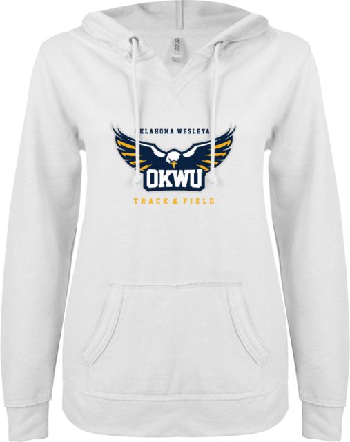 Oklahoma Wesleyan ENZA Ladies V Notch Raw Edge Fleece Hoodie Track and Field - ONLINE ONLY