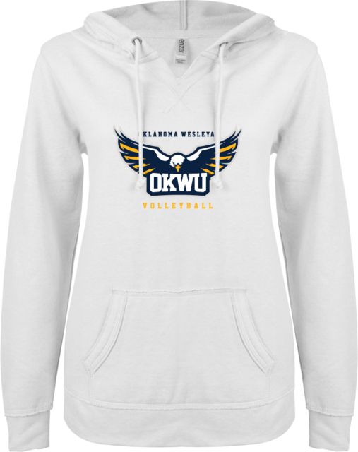 Oklahoma Wesleyan ENZA Ladies V Notch Raw Edge Fleece Hoodie Volleyball - ONLINE ONLY