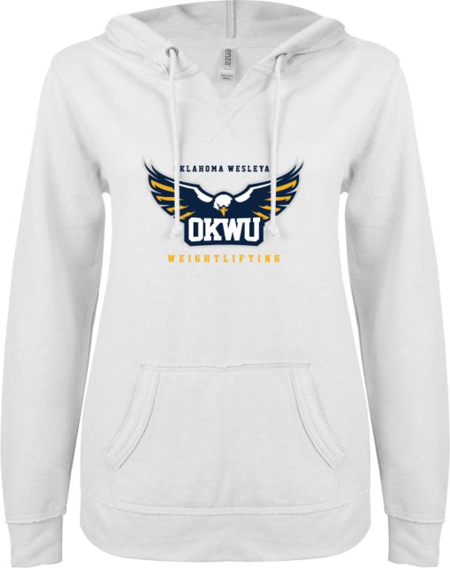 Oklahoma Wesleyan ENZA Ladies V Notch Raw Edge Fleece Hoodie Weightlifting - ONLINE ONLY