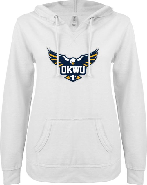 Oklahoma Wesleyan ENZA Ladies V Notch Raw Edge Fleece Hoodie Primary Eagle - ONLINE ONLY