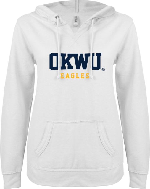 Oklahoma Wesleyan ENZA Ladies V Notch Raw Edge Fleece Hoodie Logotype - ONLINE ONLY