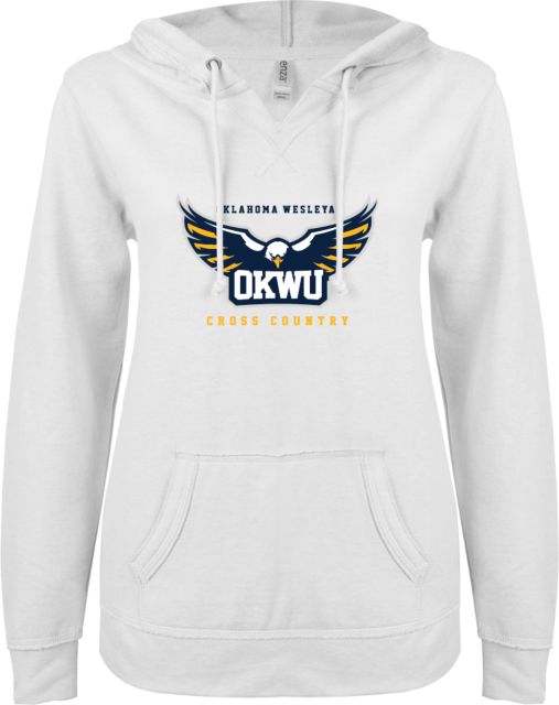 Oklahoma Wesleyan ENZA Ladies V Notch Raw Edge Fleece Hoodie Cross Country - ONLINE ONLY