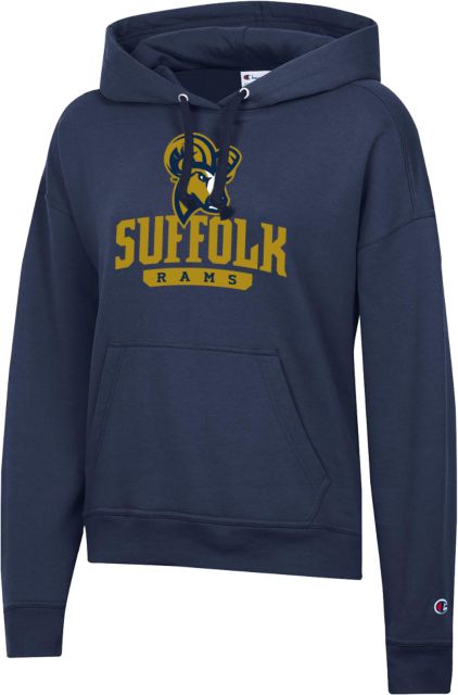 Suffolk University Champion Womens Powerblend Pullover Hood Suffolk Rams with Mascot Stacked - ONLINE ONLY