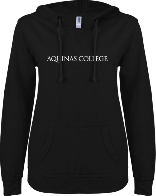 Aquinas College ENZA Womens V Notch Raw Edge Fleece Hoodie Inst. Wordmark - ONLINE ONLY