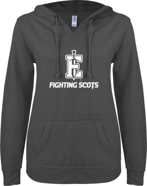 PennWest Edinboro ENZA Womens V Notch Raw Edge Fleece Hoodie Edinboro Fighting Scots E Sword - ONLINE ONLY