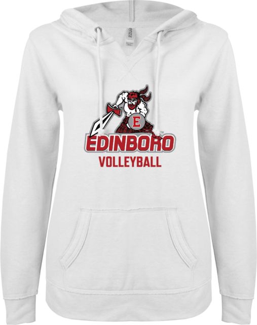 PennWest Edinboro ENZA Womens V Notch Raw Edge Fleece Hoodie Edinboro - Volleyball - ONLINE ONLY
