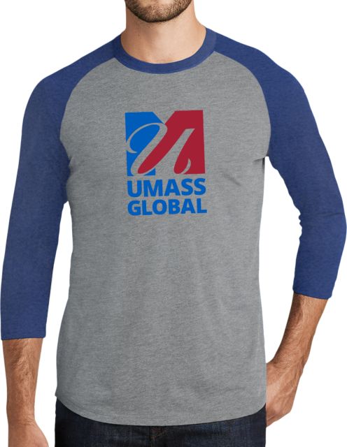 UMass Global Triblend Grey/Heather Baseball Raglan Tee  UMass Global Primary Logo Stacked - ONLINE ONLY