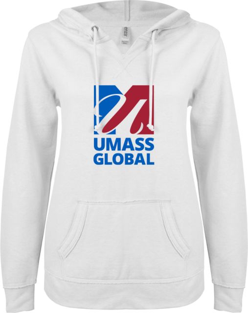 UMass Global ENZA Womens V Notch Raw Edge Fleece Hoodie  UMass Global Primary Logo Stacked - ONLINE ONLY