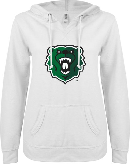 Wisconsin Parkside ENZA Womens V Notch Raw Edge Fleece Hoodie Athletic Bear Head - ONLINE ONLY