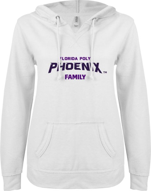 Florida Poly Univ ENZA Ladies V Notch Raw Edge Fleece Hoodie Phoenix Family - ONLINE ONLY