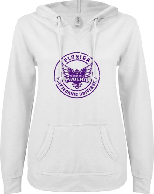 Florida Poly Univ ENZA Ladies White V Notch Raw Edge Fleece Hoodie Florida Poly Distressed - ONLINE ONLY