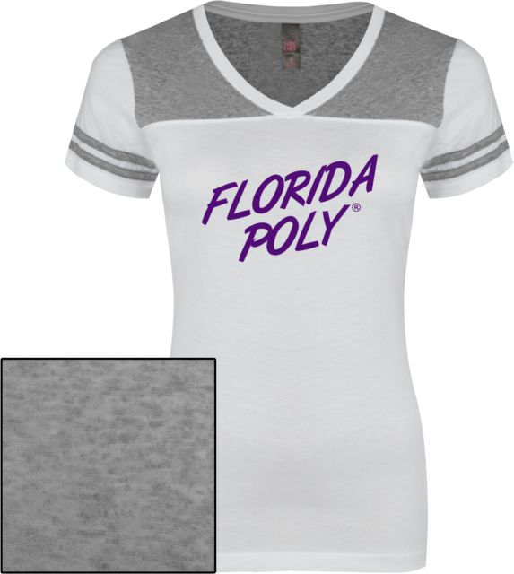 Florida Poly Univ Ladies White/Heathered Juniors Varsity V Neck Tee Florida Poly Script - ONLINE ONLY