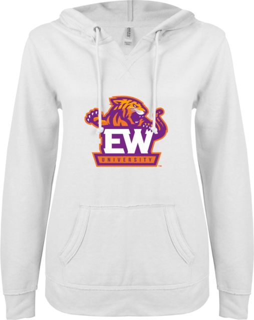 Edward Waters ENZA Ladies White V Notch Raw Edge Fleece Hoodie EW Tiger Primary - ONLINE ONLY