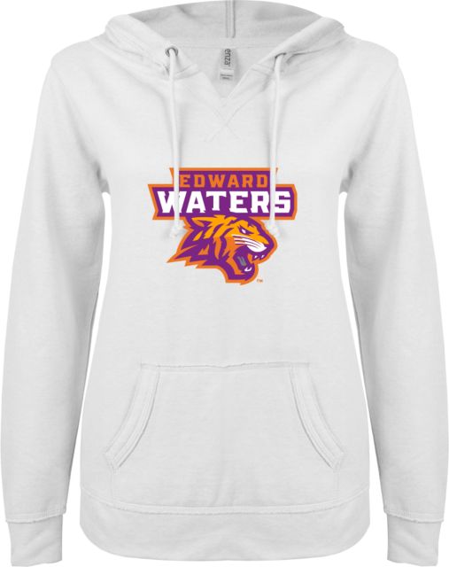 Edward Waters ENZA Ladies White V Notch Raw Edge Fleece Hoodie EW Tiger Head Primary - ONLINE ONLY