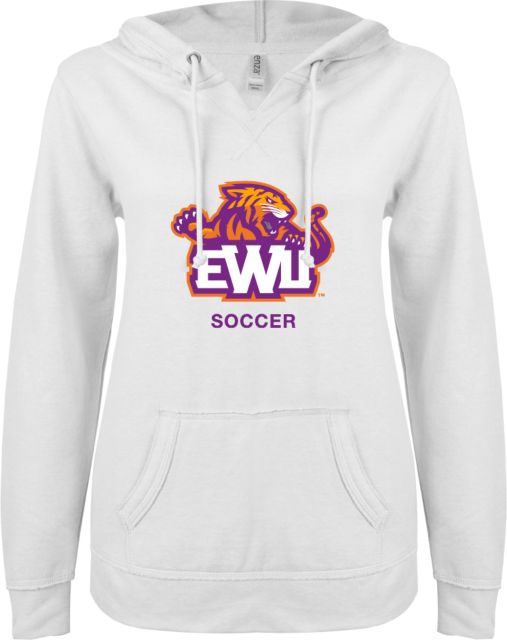 Edward Waters ENZA Ladies White V Notch Raw Edge Fleece Hoodie EWU Soccer - ONLINE ONLY