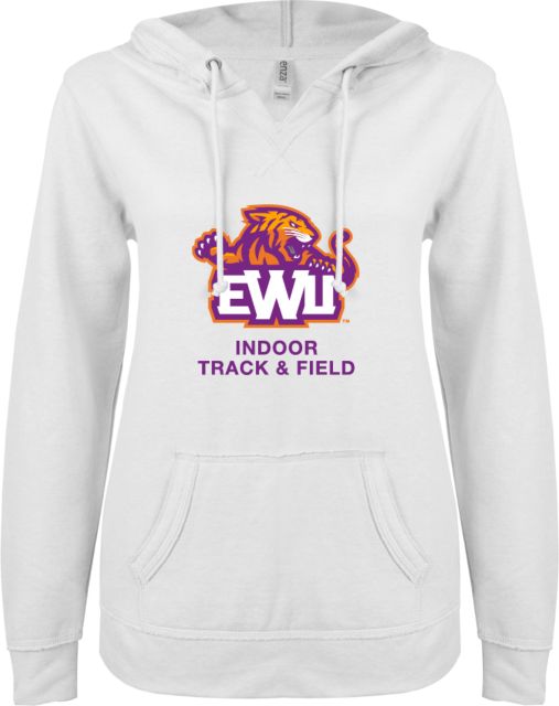 Edward Waters ENZA Ladies White V Notch Raw Edge Fleece Hoodie EWU Indoor Track and Field - ONLINE ONLY
