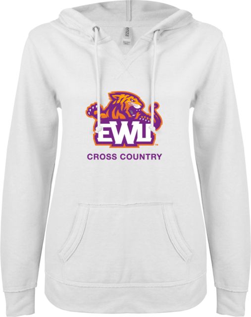 Edward Waters ENZA Ladies White V Notch Raw Edge Fleece Hoodie EWU Cross Country - ONLINE ONLY