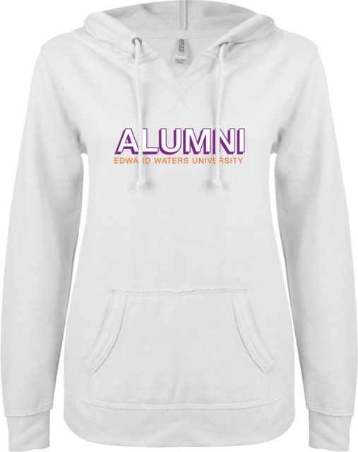 Edward Waters ENZA Ladies White V Notch Raw Edge Fleece Hoodie EWU Alumni Block - ONLINE ONLY