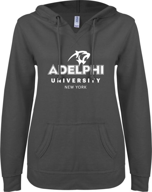 Adelphi ENZA Womens V Notch Raw Edge Fleece Hoodie Panther Head Adelphi University New York - ONLINE ONLY