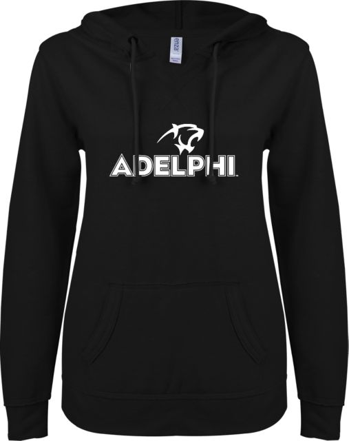 Adelphi ENZA Womens V Notch Raw Edge Fleece Hoodie Adelphi with Panther Head - ONLINE ONLY
