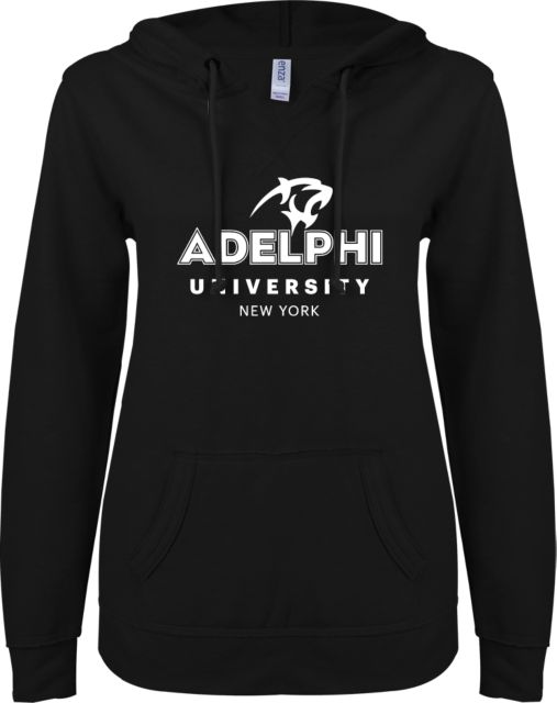 Adelphi ENZA Womens V Notch Raw Edge Fleece Hoodie Panther Head Adelphi University New York - ONLINE ONLY