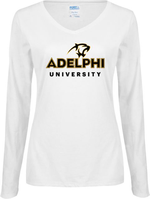 Adelphi Womens Long Sleeve V Neck Tee Panther Head Adelphi University - ONLINE ONLY