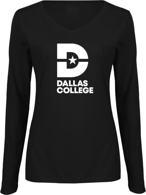 Dallas College Womens Long Sleeve V Neck Tee Black Vertical Logo - ONLINE ONLY