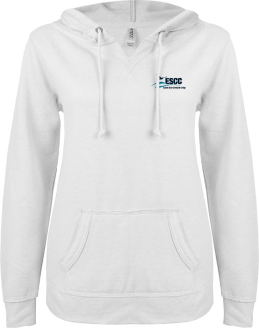 ESCC ENZA Ladies White V Notch Raw Edge Fleece Hoodie ESCC Horizontal - ONLINE ONLY