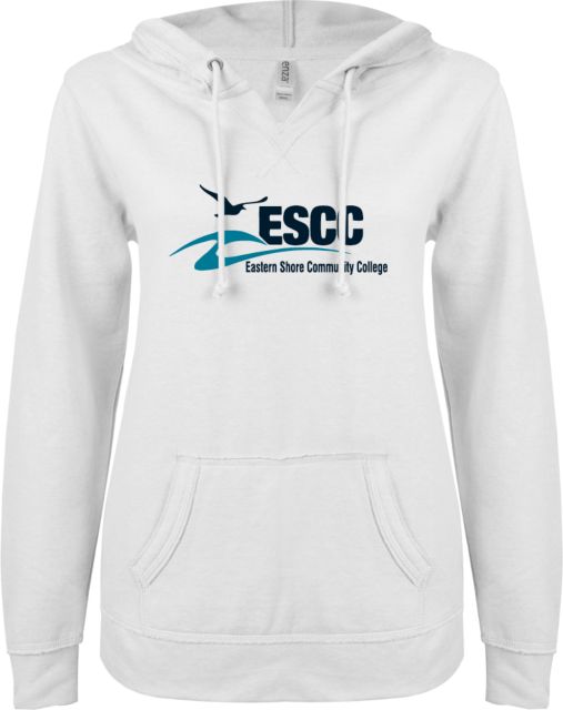 ESCC ENZA Ladies White V Notch Raw Edge Fleece Hoodie ESCC Horizontal - ONLINE ONLY