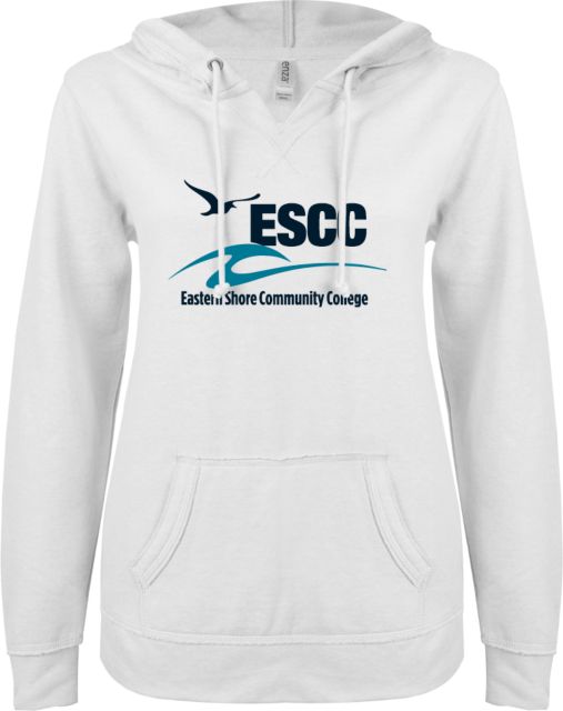 ESCC ENZA Ladies White V Notch Raw Edge Fleece Hoodie ESCC Stacked - ONLINE ONLY