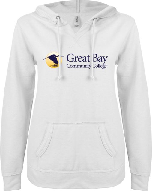 Great Bay CC ENZA Womens V Notch Raw Edge Fleece Hoodie Great Bay Community College   Wordmark - Full Color - ONLINE ONLY