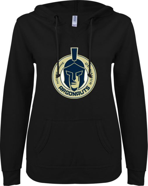 Notre Dame De Namur ENZA Womens V Notch Raw Edge Fleece Hoodie Arched Notre Dame Argonauts Seal - ONLINE ONLY