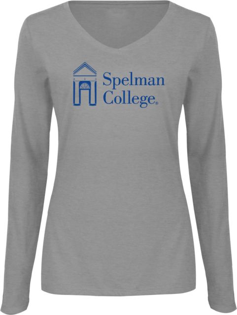 Spelman College Womens Long Sleeve V Neck Tee  Spelman College Institutional Mark Horizontal - ONLINE ONLY