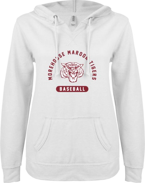 Morehouse College ENZA Womens V Notch Raw Edge Fleece Hoodie Baseball - ONLINE ONLY